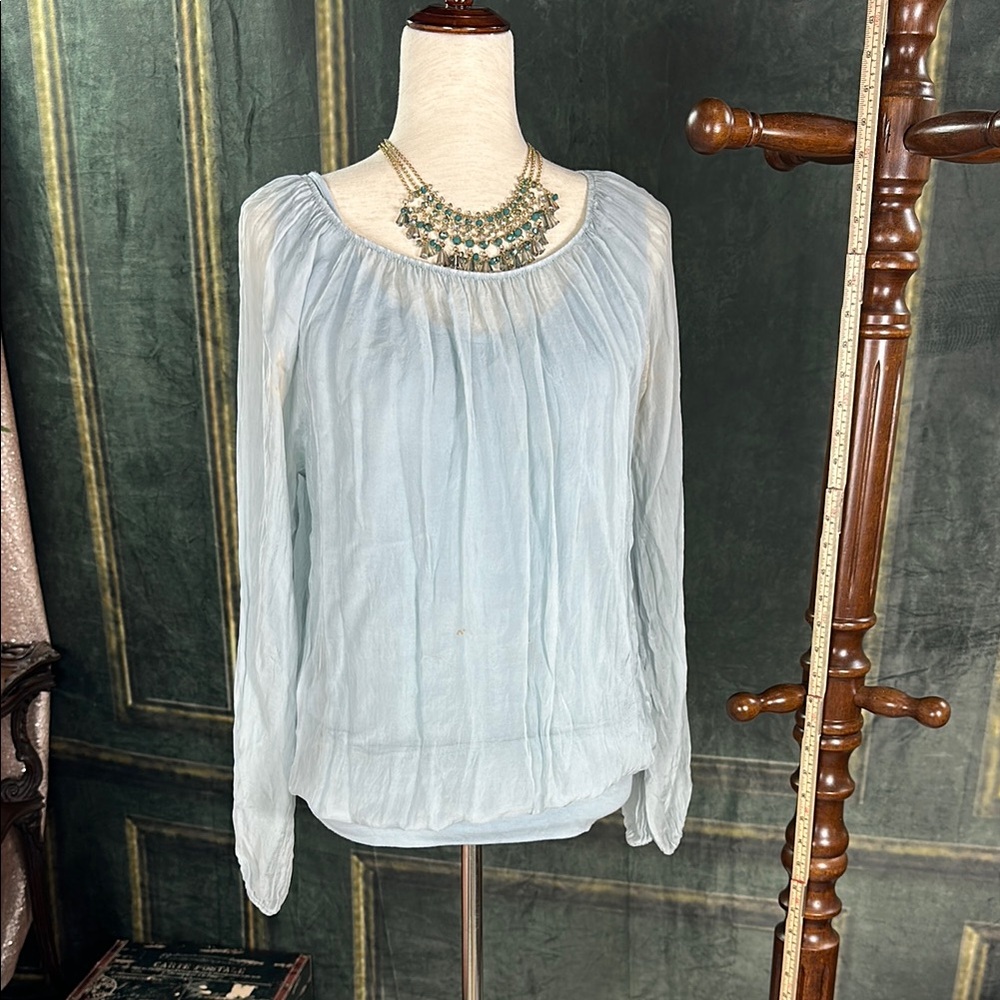 Elegant Light Blue Women's silk blouse !comfortable!